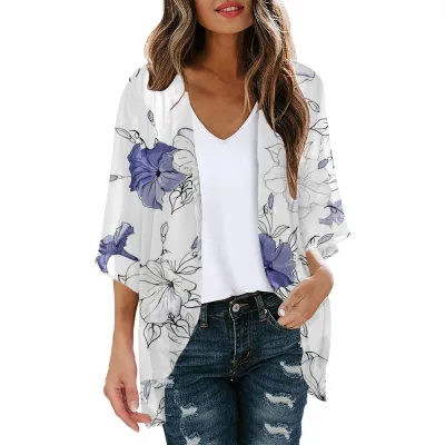 Women Summer Chiffon Printed Bat Sleeve Cardigan Beach Sunscreen Cover-Up