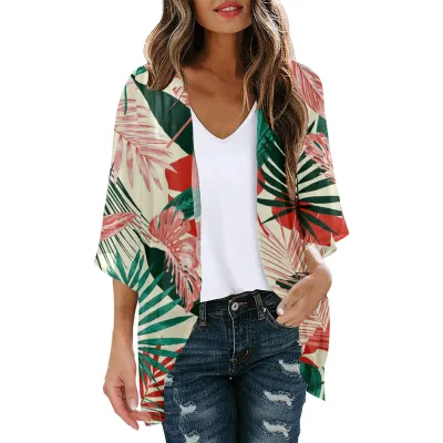 Women Summer Chiffon Printed Bat Sleeve Cardigan Beach Sunscreen Cover-Up