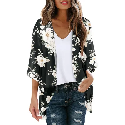 Women Summer Chiffon Printed Bat Sleeve Cardigan Beach Sunscreen Cover-Up