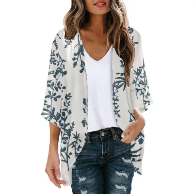 Women Summer Chiffon Printed Bat Sleeve Cardigan Beach Sunscreen Cover-Up