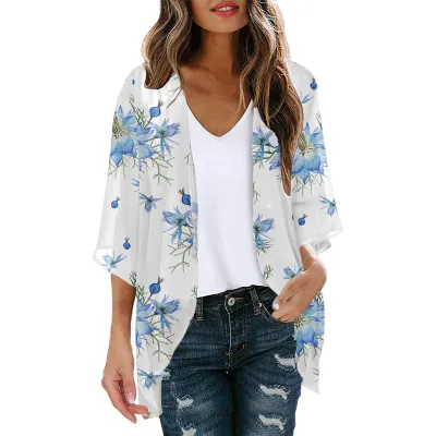 Women Summer Chiffon Printed Bat Sleeve Cardigan Beach Sunscreen Cover-Up