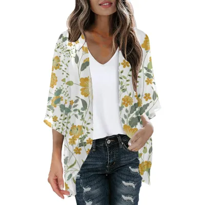 Women Summer Chiffon Printed Bat Sleeve Cardigan Beach Sunscreen Cover-Up