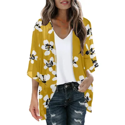 Women Summer Chiffon Printed Bat Sleeve Cardigan Beach Sunscreen Cover-Up