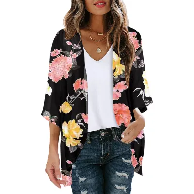 Women Summer Chiffon Printed Bat Sleeve Cardigan Beach Sunscreen Cover-Up