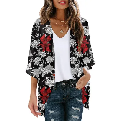 Women Summer Chiffon Printed Bat Sleeve Cardigan Beach Sunscreen Cover-Up