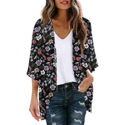 Women Summer Chiffon Printed Bat Sleeve Cardigan Beach Sunscreen Cover-Up