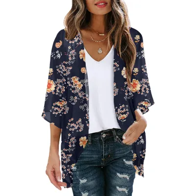 Women Summer Chiffon Printed Bat Sleeve Cardigan Beach Sunscreen Cover-Up