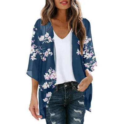 Women Summer Chiffon Printed Bat Sleeve Cardigan Beach Sunscreen Cover-Up