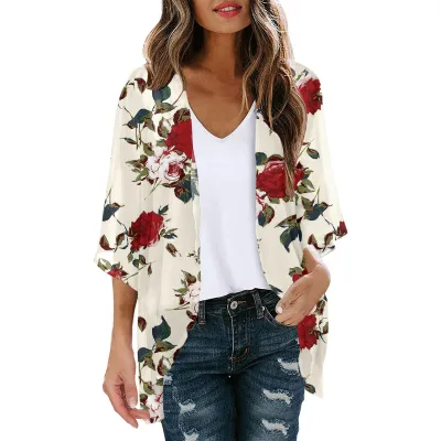 Women Summer Chiffon Printed Bat Sleeve Cardigan Beach Sunscreen Cover-Up
