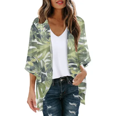 Women Summer Chiffon Printed Bat Sleeve Cardigan Beach Sunscreen Cover-Up