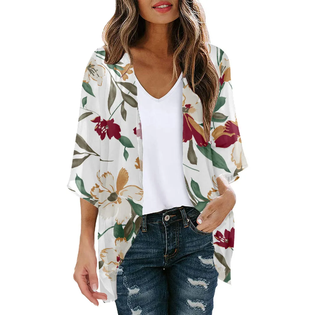 Women Summer Chiffon Printed Bat Sleeve Cardigan Beach Sunscreen Cover-Up