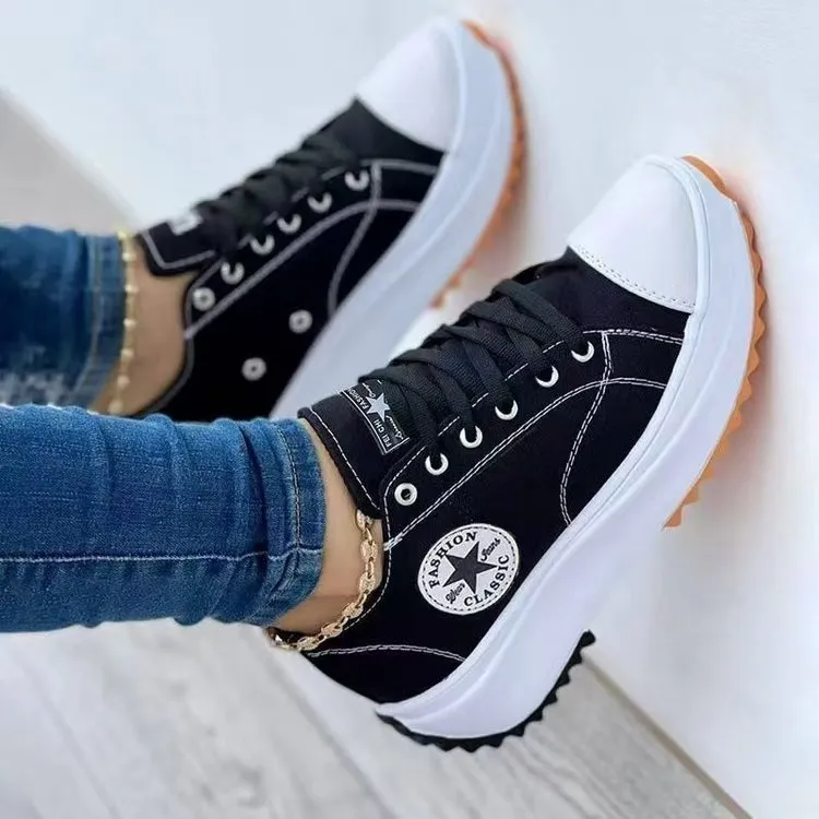 Women Casual Lace-Up Platform Sneakers Canvas Low Top