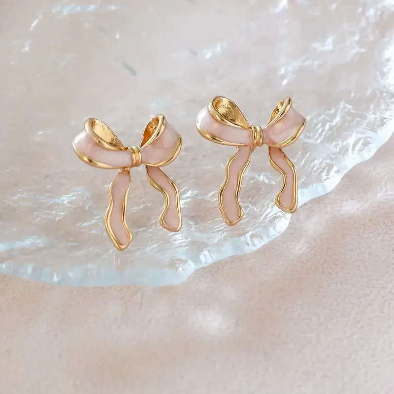 Sweet Pink Enameled Bow Knot Stud Earrings for Women