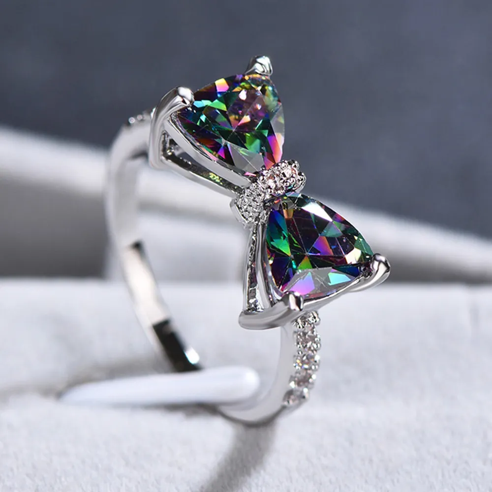 Women Sweet Multicolor Crystal Bow Rhinestone Ring