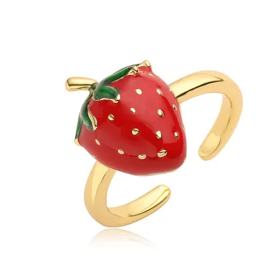Women Cute Fruit Enameled Strawberry Cherry Copper Ring