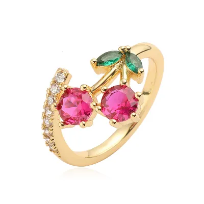 Women Cute Fruit Enameled Strawberry Cherry Copper Ring
