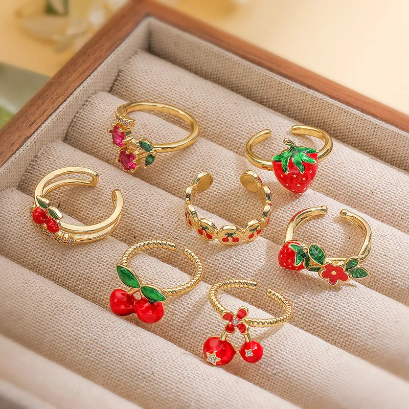 Women Cute Fruit Enameled Strawberry Cherry Copper Ring