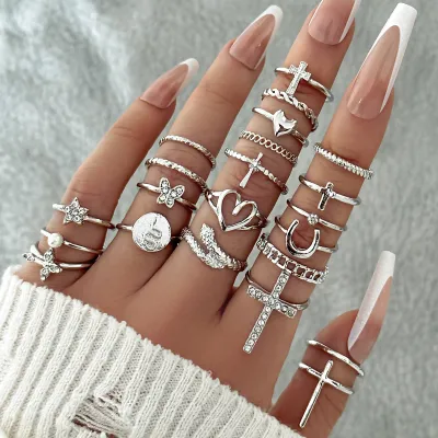 Vintage Rhinestone Heart Joint Midi Rings 22pcs Set