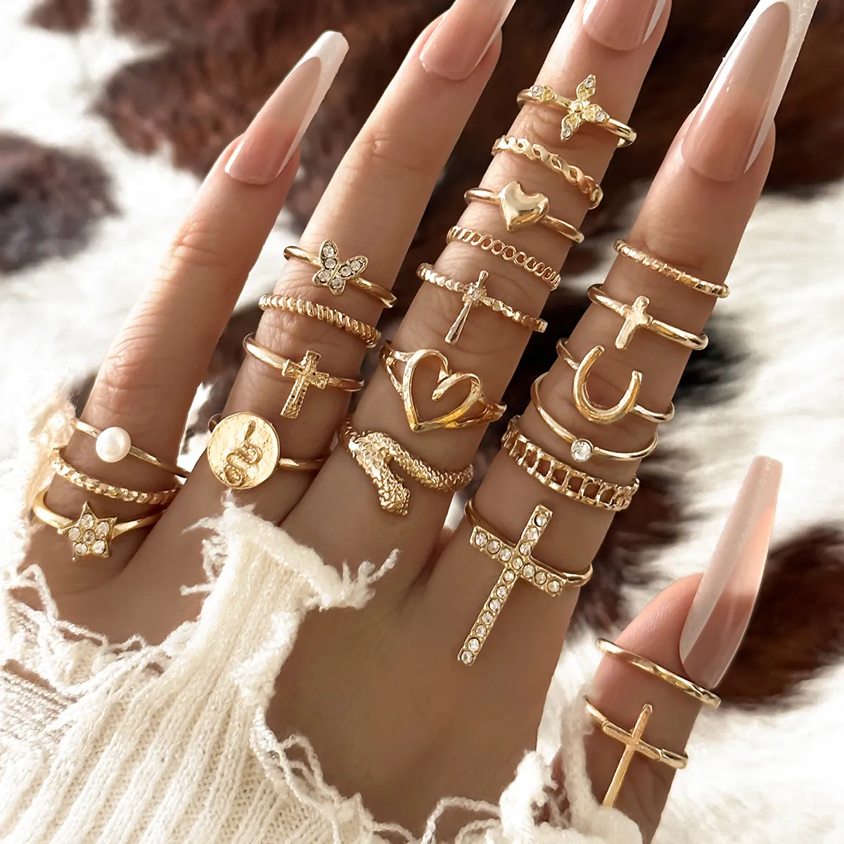 Vintage Rhinestone Heart Joint Midi Rings 22pcs Set