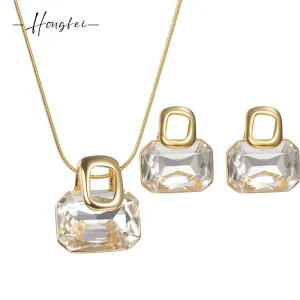 18k Gold Plated Stainless Steel Geometric Zircon Earrings Necklace Set