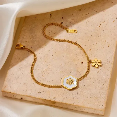 Stainless Steel Gold Plated Rhinestone Shell Flower Pendant Bracelet Necklace Earring Set