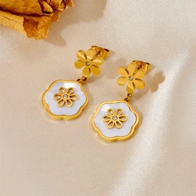Stainless Steel Gold Plated Rhinestone Shell Flower Pendant Bracelet Necklace Earring Set
