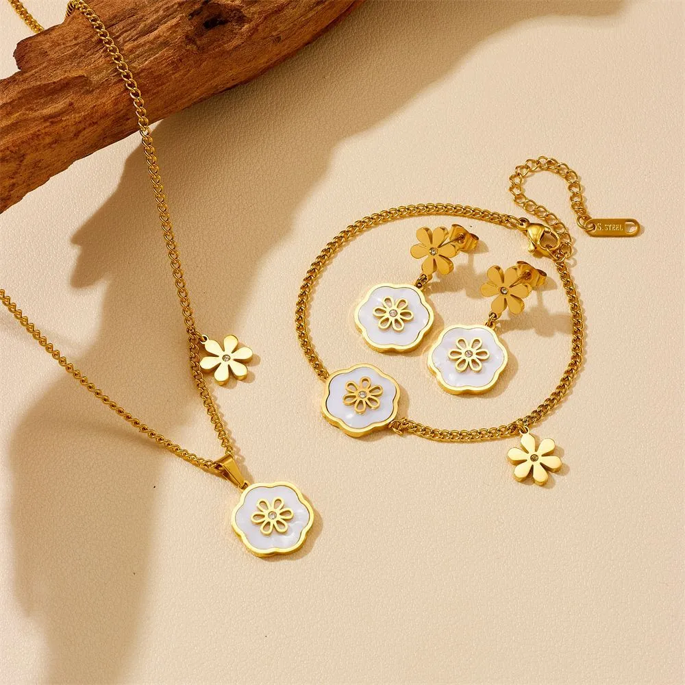 Stainless Steel Gold Plated Rhinestone Shell Flower Pendant Bracelet Necklace Earring Set