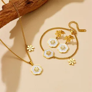 Stainless Steel Gold Plated Rhinestone Shell Flower Pendant Bracelet Necklace Earring Set