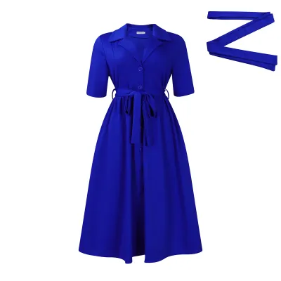 African Women Summer Fashion Casual Lapel Short-Sleeved Solid Color High Waist Large Swing Midi Dress