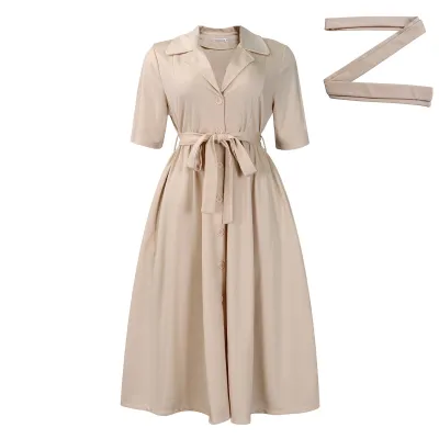African Women Summer Fashion Casual Lapel Short-Sleeved Solid Color High Waist Large Swing Midi Dress