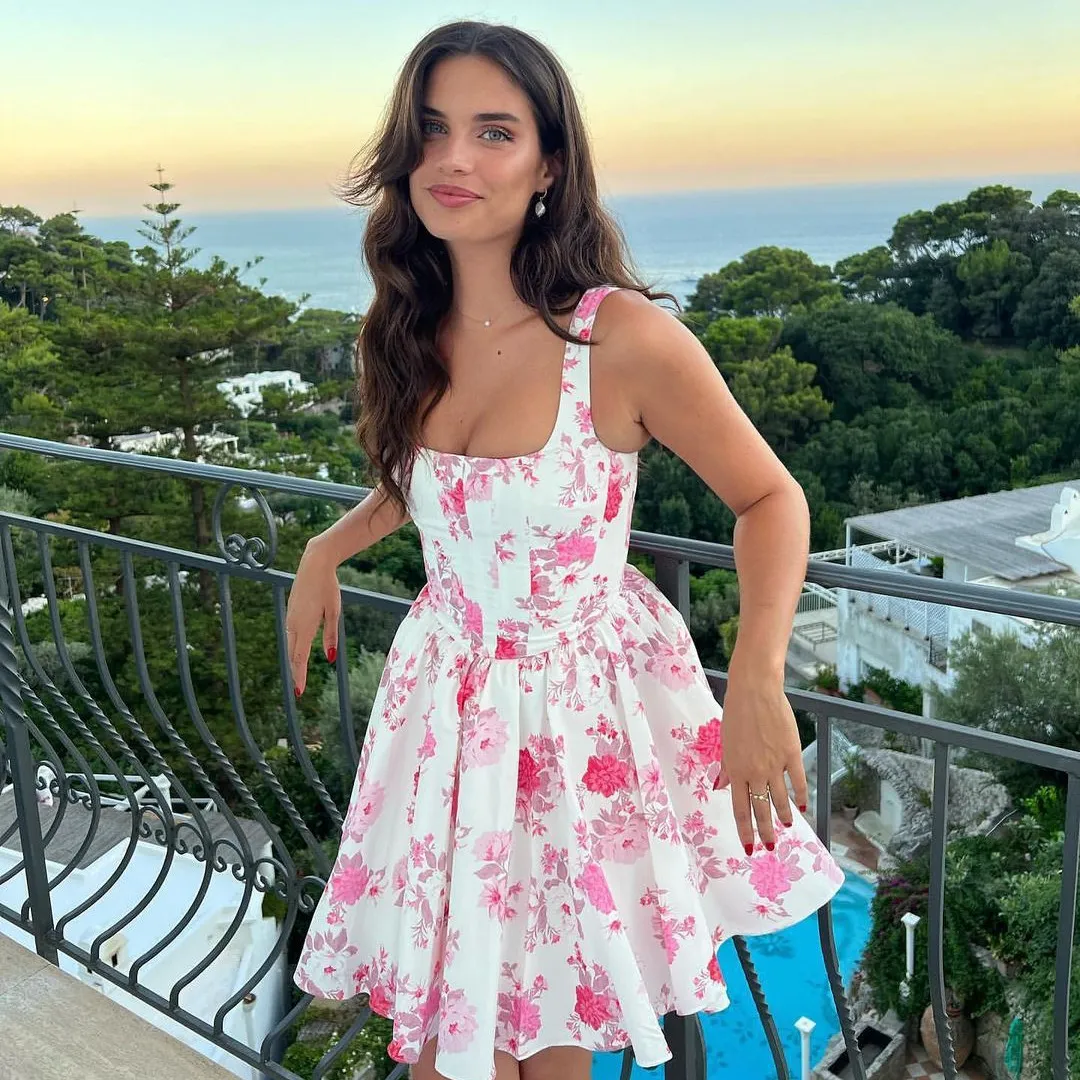 Sexy Spring Slim-Fit Defined Waist Square Collar Floral Rose Print Swing Dress