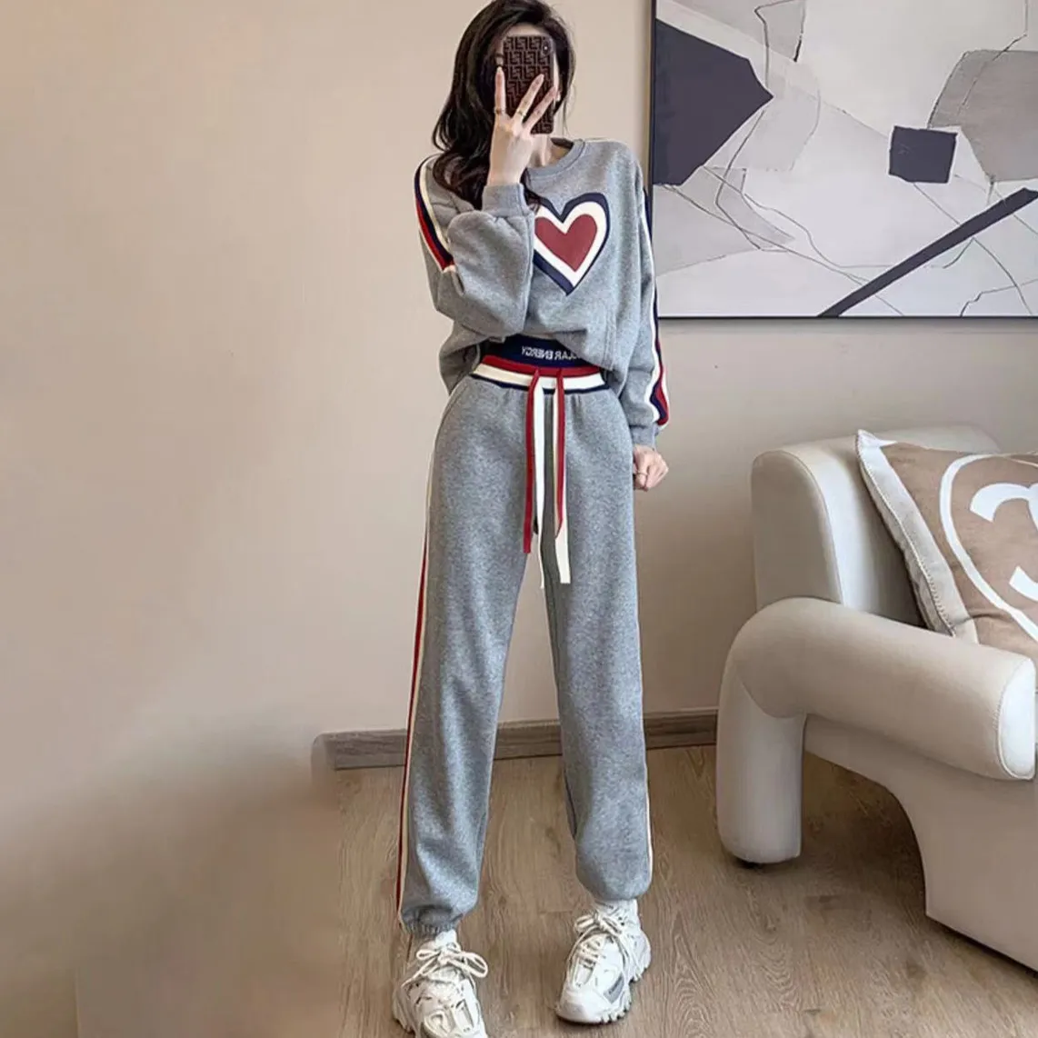 Women Casual Love Printed Geometric Sweatshirt Slim Fit Pants Sportswear Two-Piece Set