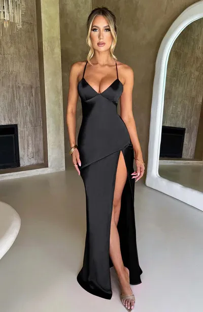 Women Summer Sexy Spaghetti Strap Solid Color Satin Backless Side-Slit Maxi Dress