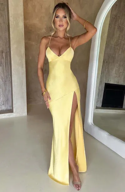 Women Summer Sexy Spaghetti Strap Solid Color Satin Backless Side-Slit Maxi Dress