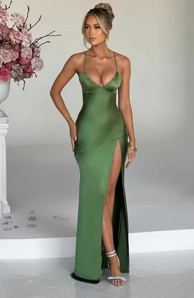 Women Summer Sexy Spaghetti Strap Solid Color Satin Backless Side-Slit Maxi Dress