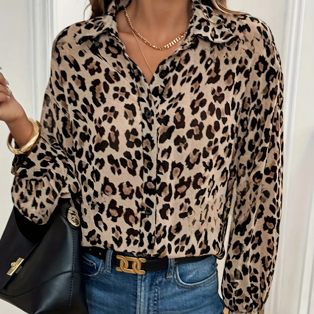 Women Elegant Leopard Print Long Sleeve Loose Blouse