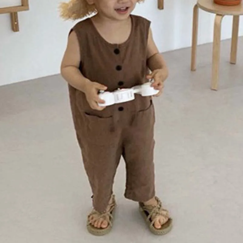 Kids Toddler Boys Girls Casual Versatile Solid Color Sleeveless Jumpsuit