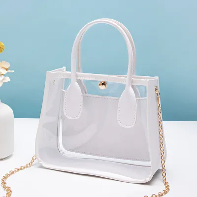 Women Fashion Casual Transparent PVC with Leather Chain Shoulder Bag