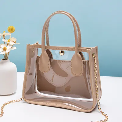 Women Fashion Casual Transparent PVC with Leather Chain Shoulder Bag