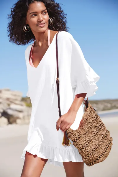 Women Casual Solid Color V-Neck Ruffled Short-Sleeve Beach Swimsuit Cover-Ups