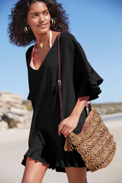 Women Casual Solid Color V-Neck Ruffled Short-Sleeve Beach Swimsuit Cover-Ups