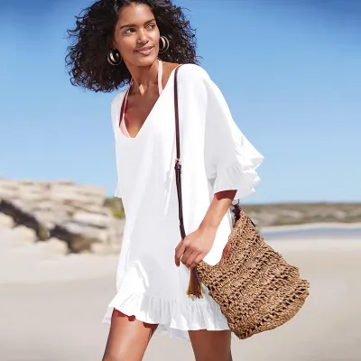 Women Blank Fashion Casual Solid Color V-Neck Ruffled Short-Sleeve Beach Swimsuit Cover-Ups