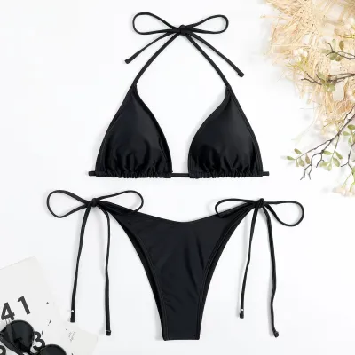 Women Fashion Sexy Solid Color Halter-Neck Lace-Up Bikini Swimsuit