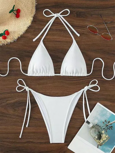Women Fashion Sexy Solid Color Halter-Neck Lace-Up Bikini Swimsuit