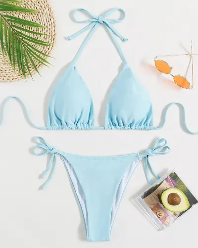 Women Fashion Sexy Solid Color Halter-Neck Lace-Up Bikini Swimsuit