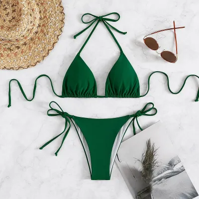 Women Fashion Sexy Solid Color Halter-Neck Lace-Up Bikini Swimsuit