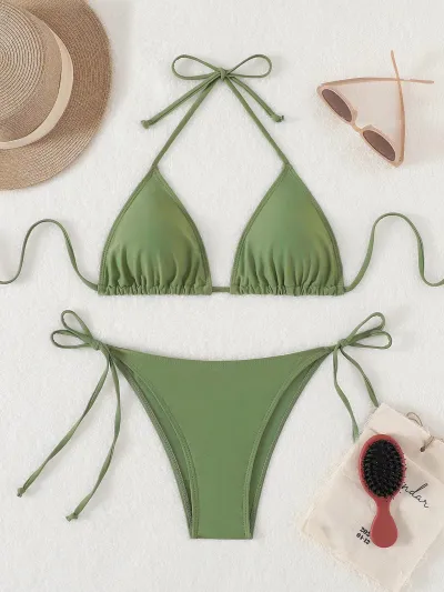 Women Fashion Sexy Solid Color Halter-Neck Lace-Up Bikini Swimsuit