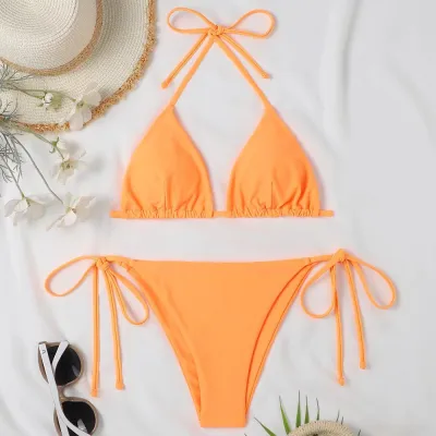 Women Fashion Sexy Solid Color Halter-Neck Lace-Up Bikini Swimsuit