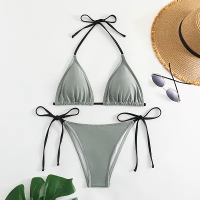 Women Fashion Sexy Solid Color Halter-Neck Lace-Up Bikini Swimsuit
