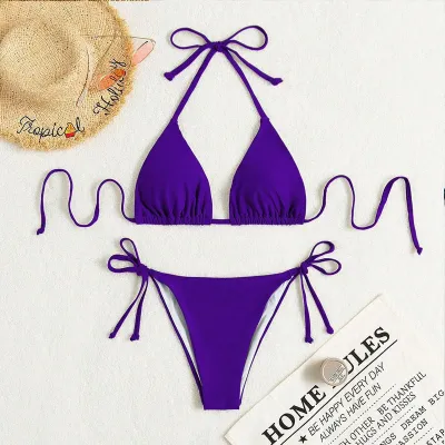 Women Fashion Sexy Solid Color Halter-Neck Lace-Up Bikini Swimsuit